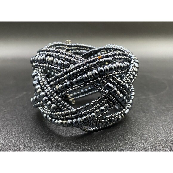 Braided Cuff Bracelet Iridescent Black Bead Memory Wire - Picture 1 of 7